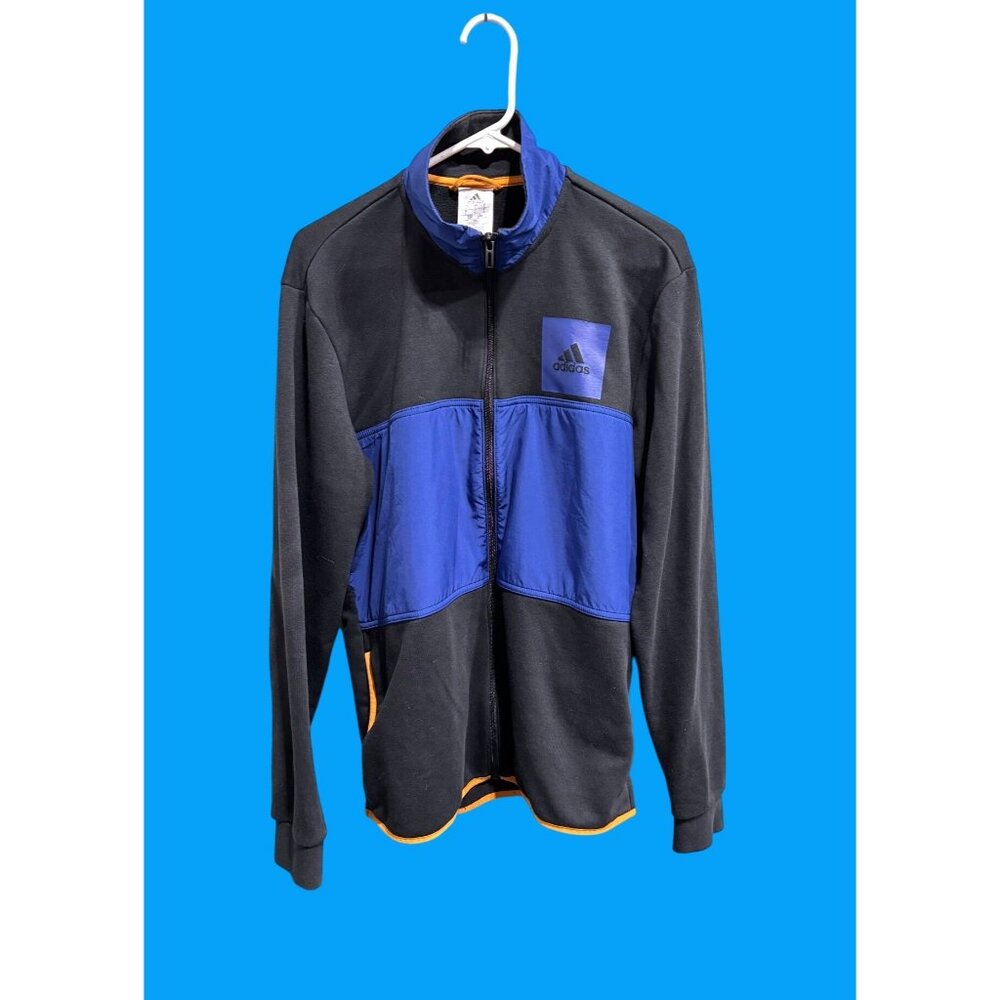 Adidas Mens Full-Zip Track Jacket Large Black & Blue With Orange Trim